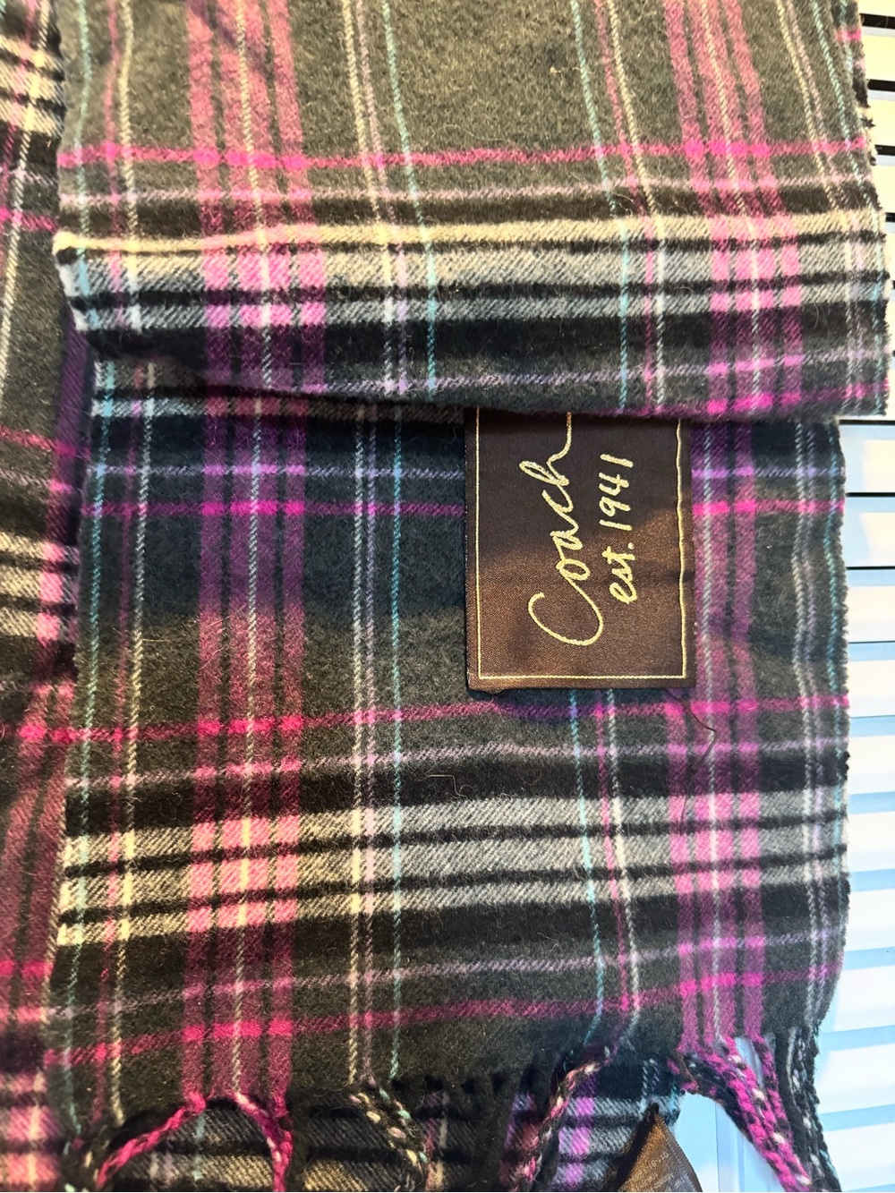 Coach Plaid Wool Blend Scarf in Black, Pink, Gray